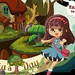 Ilustración de una niña y un pájaro en un entorno de cuento de hadas con una casa en el árbol y un letrero que dice Felicias Day