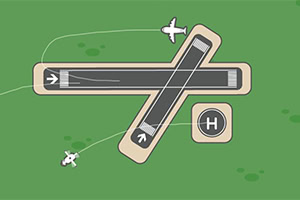 Ilustración de una pista de aterrizaje con aviones y una zona de helipuerto