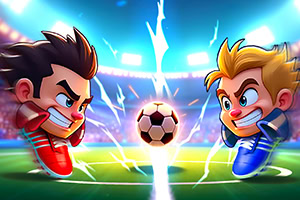 Ilustración de dos personajes animados jugando al fútbol en un estadio lleno