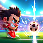 Ilustración de dos personajes animados jugando al fútbol en un estadio lleno