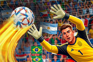 Portero con uniforme amarillo atajando un balón en llamas frente a una portería y aficionados con banderas de Brasil y Argentina