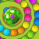Rana de dibujos animados rodeada por un círculo de huevos de Pascua coloridos