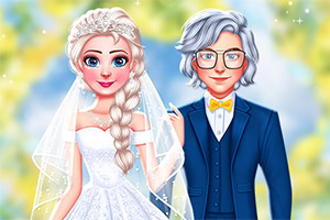 Imagen de dibujos animados de una pareja de novios, ella con un vestido de novia blanco y trenza larga, él con traje azul y gafas