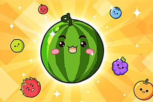 Imagen de una sandía animada sonriente con frutas de colores alrededor en un fondo radiante