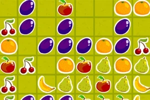 Ilustración de frutas coloridas como cerezas, ciruelas, naranjas, manzanas, peras y plátanos organizadas en una cuadrícula sobre un fondo verde