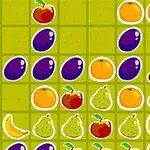 Ilustración de frutas coloridas como cerezas, ciruelas, naranjas, manzanas, peras y plátanos organizadas en una cuadrícula sobre un fondo verde