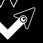 Flecha con ojo en diseño minimalista blanco sobre fondo negro