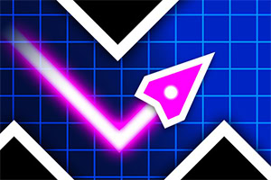 Flecha de neón rosa sobre fondo de rejilla azul con efecto de luz y líneas blancas