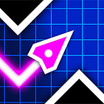 Flecha de neón rosa sobre fondo de rejilla azul con efecto de luz y líneas blancas