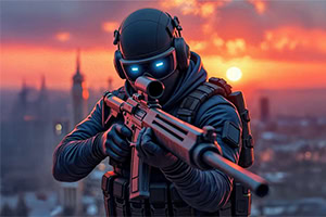 Soldado futurista con visor azul sosteniendo un arma en un paisaje urbano al atardecer