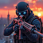 Soldado futurista con visor azul sosteniendo un arma en un paisaje urbano al atardecer