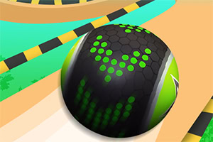 Bola negra y verde con diseños de hexágonos y puntos verdes, sobre una pista curva de colores amarillo y negro