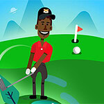 Ilustración de un hombre jugando al golf en un campo verde con montañas en el fondo