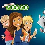 Ilustración de un juego de póker con personajes animados y cartas volando