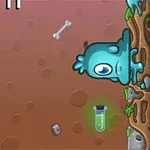 Personaje de videojuego azul colgado de un árbol en un entorno de tierra con huesos y rocas alrededor