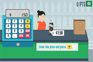 Mujer en una tienda detrás de un mostrador con una calculadora, una botella con precio y una bolsa de papel