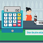 Mujer en una tienda detrás de un mostrador con una calculadora, una botella con precio y una bolsa de papel