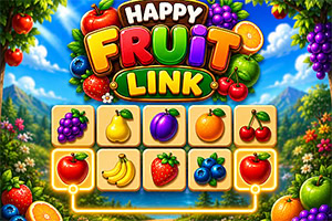 Colorido tablero de frutas con el título Happy Fruit Link, rodeado de uvas, cerezas, fresas y paisajes verdes