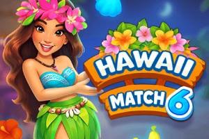 Mujer hawaiana con corona de flores y falda verde junto a un letrero tropical colorido que dice HAWAII MATCH 6