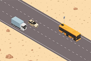 Ilustración de una carretera en el desierto con un autobús, un camión y un coche