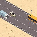Highway Rush Ilustración de una carretera en el desierto con un autobús, un camión y un coche