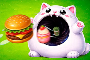 Gato blanco caricaturesco con una gran boca abierta mostrando comida, junto a una hamburguesa sobre fondo verde