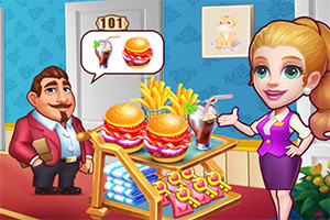 Puesto de comida rápida caricaturesco con hamburguesas, papas fritas, refresco y dos personajes atendiendo a un cliente