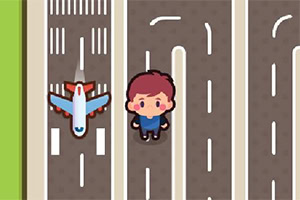 Ilustración de un niño y un avión de juguete en carreteras separadas
