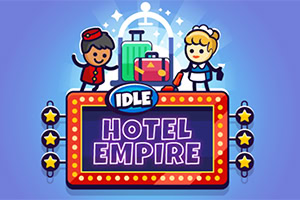 Logotipo de Idle Hotel Empire con personajes de dibujos animados, hombre y mujer, en un mostrador de hotel