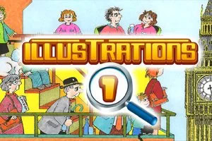 Portada con varias personas en viñetas y una lupa sobre el número 1, junto al título Illustrations