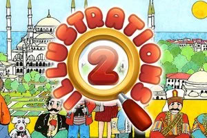 Logotipo circular con el número 2 y una lupa, sobre una ilustración de Estambul con mezquitas y personajes caricaturescos