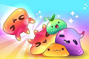 Criaturas coloridas y sonrientes con formas variadas y expresiones felices sobre un fondo brillante y estrellado