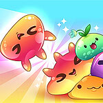 Criaturas coloridas y sonrientes con formas variadas y expresiones felices sobre un fondo brillante y estrellado