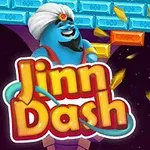 Genio azul con turbante sonriente junto a bloques de colores y una pelota rebotando, con letras grandes en primer plano