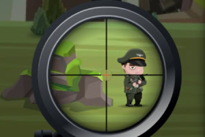 Personaje de dibujos animados militar en la mira de un rifle de francotirador