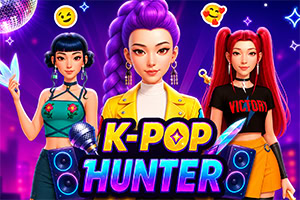 Tres chicas estilo K-pop con atuendos coloridos sobre un fondo neón morado, altavoces y el texto K-POP HUNTER