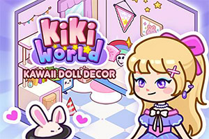Ilustración kawaii de una chica rubia con vestido lila en una habitación pastel decorada con conejito, corazón y muebles