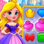 Princesa de dibujos animados junto a un juego de combinación de íconos con temática de joyas y objetos reales