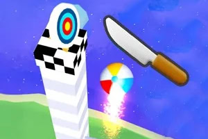 Cuchillo lanzado hacia un objetivo con diseño de diana en un entorno de videojuego colorido