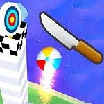 Cuchillo lanzado hacia un objetivo con diseño de diana en un entorno de videojuego colorido