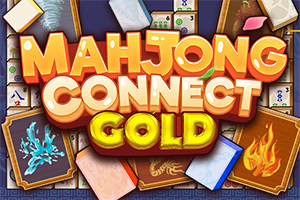 Logotipo dorado Mahjong Connect Gold sobre fichas de mahjong y cartas con símbolos de hielo y fuego