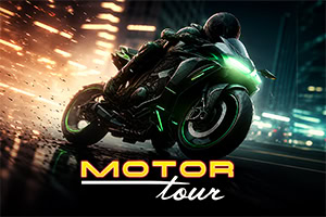 Motociclista con traje negro inclinando una moto deportiva futurista en una curva nocturna con chispas y luces verdes