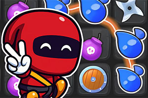 Personaje animado rojo haciendo signo de paz con íconos de juego alrededor