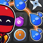 Personaje animado rojo haciendo signo de paz con íconos de juego alrededor