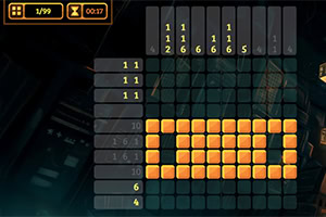 Captura de pantalla de un juego de lógica estilo nonogram o Picross con una imagen parcialmente completada en un ambiente oscuro y tecnológico