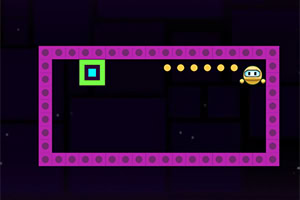Juego de plataformas con cuadrado verde y moneda doradas en un laberinto morado