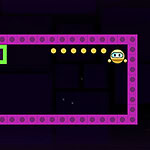 Juego de plataformas con cuadrado verde y moneda doradas en un laberinto morado