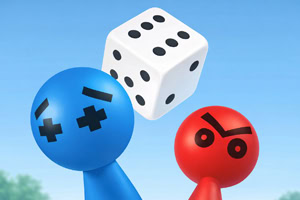 Dos figuras redondeadas azul y roja mirando un dado blanco flotante sobre un fondo de cielo azul