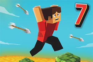 Personaje con diseño pixelado corriendo mientras flechas vuelan cerca y un número 7 aparece en el fondo