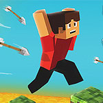 Personaje con diseño pixelado corriendo mientras flechas vuelan cerca y un número 7 aparece en el fondo